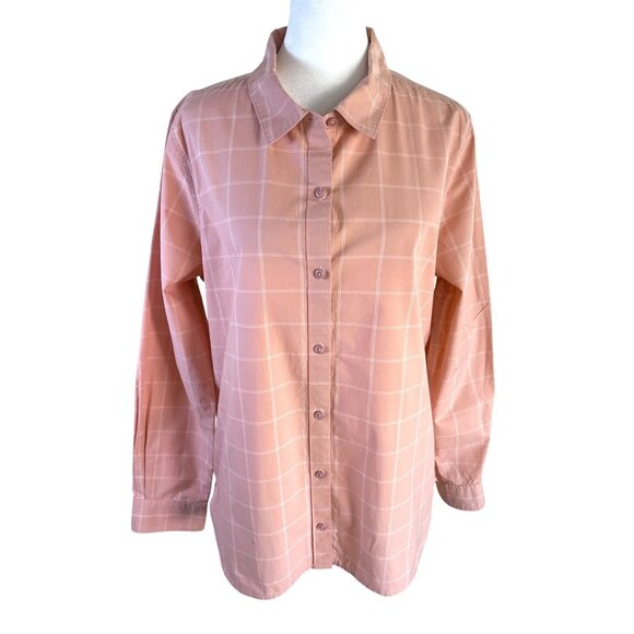 Garnet Hill Shirt Top Blouse Size 12 Window Pane Plaid Peach White EUC Organic C - Picture 1 of 8